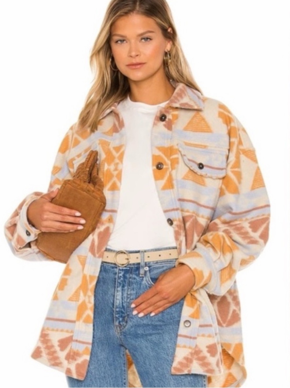 Free People Aztec Teddy Shacket in Cream, Tan & Light Blue